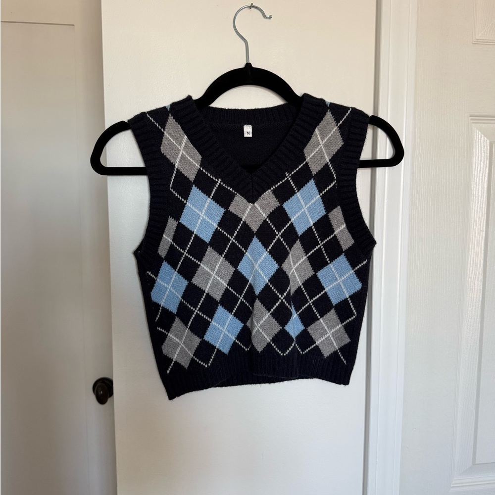 Argyle Knit Sweater Vest - Black and Blue